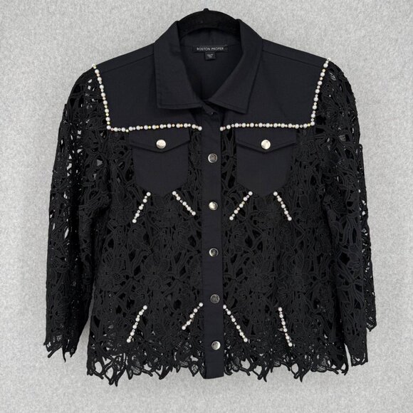 Boston Proper Jackets & Blazers - Boston Proper Lace Western Jacket Size XL Black Rhinestone Pearl Embellished EUC